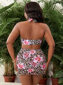 Slaydiva Conjunto de bikini de dos piezas de estilo playero casual para mujer talla grande con Top triangular de aro con aplicación de malla de parche dividido y estampado de leopardo y lirio