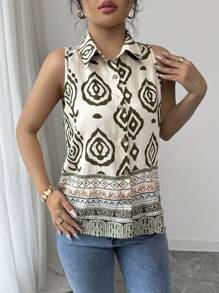 Chiquease 春夏时尚新款复古领无袖印花开襟衬衫，度假风格