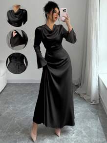 Rafferiza 女士黑色优雅修身喇叭下摆长袖 A 字缎面连衣裙，粉色，秋冬 - 黑色 - 查看 1