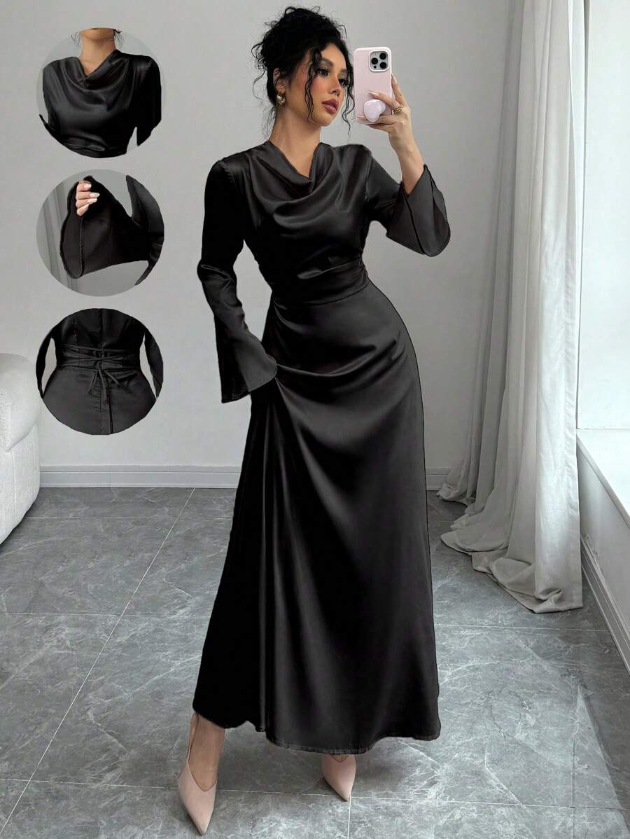Rafferiza 女士黑色优雅修身喇叭下摆长袖 A 字缎面连衣裙，粉色，秋冬 - 黑色 - 查看 1