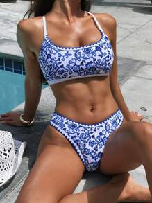 SHEIN Swim Damskie seksowne bikini z kwiatowym nadrukiem na wakacje, losowy nadruk