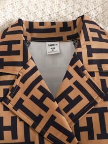 SHEIN 2 件套年轻女孩翻领纽扣前短袖图案印花衬衫上衣 + 松紧腰褶皱 A 字迷你裙，休闲时尚日常穿着夏季新款服装 - 棕色 - 查看 6