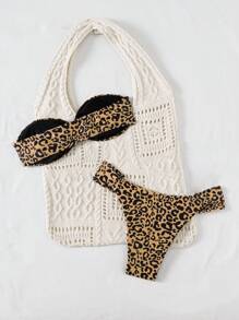 SHEIN Swim 2 件套春假豹纹褶皱抹胸比基尼带金环高开叉泳裤性感女士比基尼套装