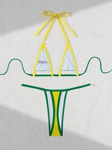 Swim SXY 2 件套春假纯色撞色边饰文胸比基尼上衣和性感下装女士夏季泳装套装