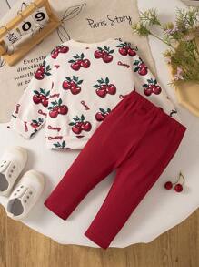 SHEIN Ensemble bébé fille automne/hiver sweat-shirt col rond côtelé imprimé fleurs avec legging côtelé, confortable et