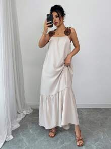 Rafferiza Váy nữ màu mơ thanh lịch, giản dị, phong cách Pháp, đa năng, có họa tiết hoa và viền xòe, mùa xuân/hè - Màu be - Xem 6