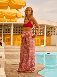 Aralina Boho Paisley Print Tie Waist Ramadan Iftar Party Wide Leg Vacation Beach Pants - Red - View 6