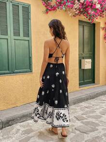 Breezaya Black Spaghetti Strap Backless Criss-Cross Tie Open Slit Bodycon Dress For Women - Black - View 2