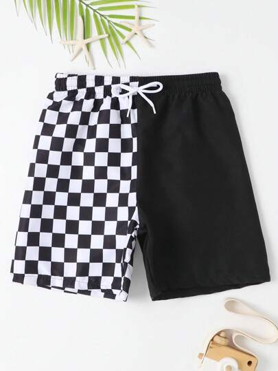 Big Boys 8-14 Years Checkerboard Split Design Beach Shorts Black White Color Block Swim Trunks Quick-Dry Lightweight Elastic Drawstring Bathing Suit