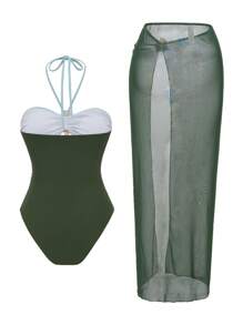 Swim Oasis 2pcs Set Women's Solid Color Metal Accent Hollow Out Halter Onepiece Swimsuit & Mesh Coverup Skirt Beach Suit For Summer Beach Vacation - Multicolor - View 2