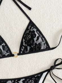 SHEIN Swim 女士夏季海滩花卉蕾丝吊带性感比基尼套装 - 黑與白 - 查看 4