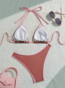 SHEIN Swim 2pcs Dusty Pink & Light Pink Trim Bowknot Fashionable Bikini Set, Women Beach Clothes Outfits, Summer Vacation Bathing Suit - Multicolor - View 4