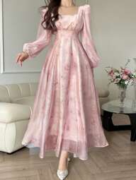 DAZY Women's Chiffon Floral Print Mid-Length Dress For Spring & Fall, Suitable For First Date Elegant,Back To School Clothes Long Sleeve Dress