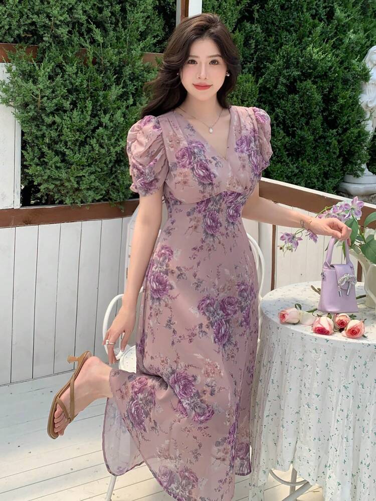 Valentine's Day V-Neck Ditsy Floral Mid-Length Dress For Women Summer Sundress Vacation Outfits Women Easter Boho
