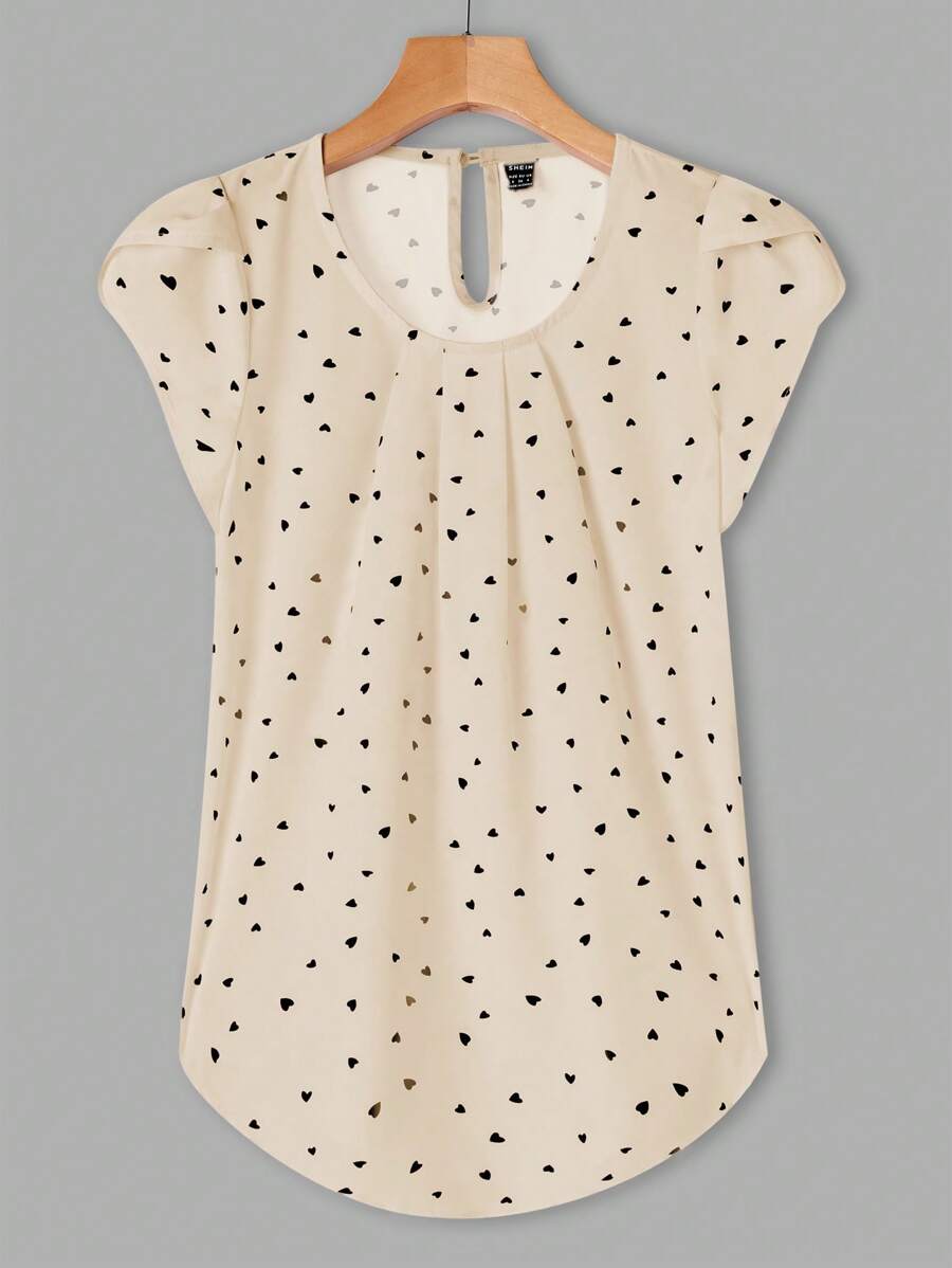 EMERY ROSE 女式休闲心形印花褶饰花瓣袖衬衫，夏季