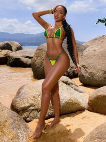 Swim SXY 2 件套春假纯色撞色边饰文胸比基尼上衣和性感下装女士夏季泳装套装