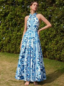 Anewsta 无袖中式领优雅腰部收紧花卉印花连衣裙，女性节日、外出、度假服装，春夏 - 藍色 - 查看 1