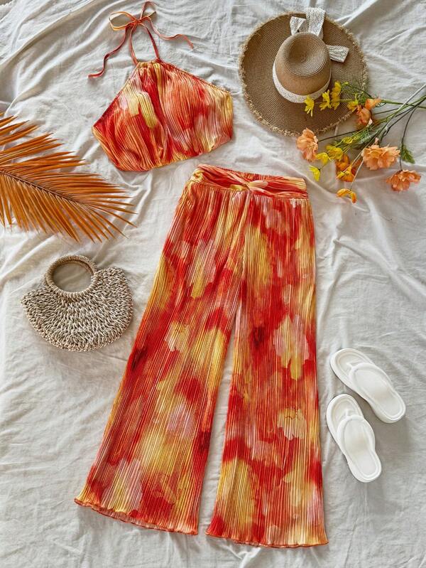 Soleia 2 bucăți/Set femei, vacanță, cravată, imprimeu, bluză, top și pantaloni largi, costume casual