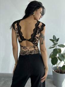 Firerie Women's Deep V-Neck Flocked Floral Print Bodycon Backless Camisole Top - Brown - View 2