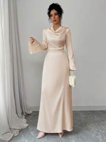 Rafferiza Elegant Fitted V-Neck Long Sleeve Drawstring Waist A-Line Satin Dress, Pink, Autumn/Winter Fall Cloth For Women - Khaki - View 4