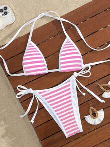 Swim Mod Women's Vacation Beach Striped Bikini Set, Micro Triangle For Summer - Pink - View 1