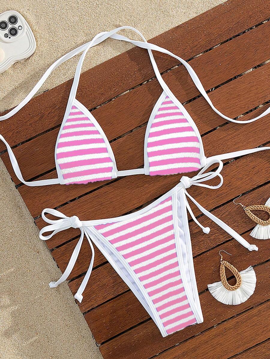 Swim Mod Women's Vacation Beach Striped Bikini Set, Micro Triangle For Summer - Pink - View 1