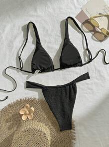 Women Summer Beach Solid Color Textured Sexy Bikini Swimwear Set, Random Floral Pattern Fabric - Black - View 2