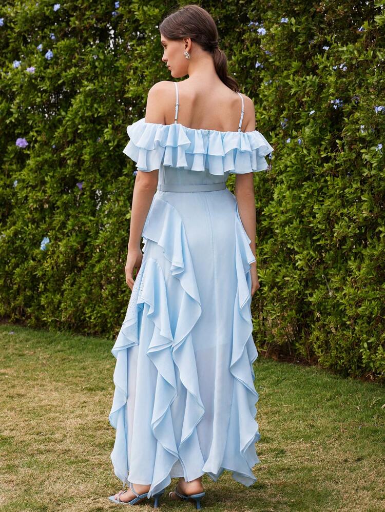 Fashionable & Elegant Chiffon Rhinestone Multi-Layered Ruffle Off Shoulder Sleeveless Women's Dress, Suitable For Festivals, Going Out, Vacation Outfits In Spring/Summer