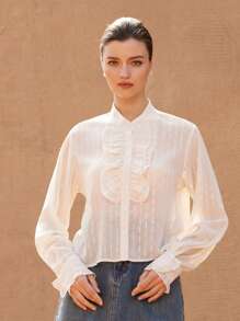 GENKIRA 2025 Spring New Off-White Elegant Office Women Blouse,Autumn French Retro Palace Style Stand Collar,Double-Layer Ruffle Trim,Lustrous Fabric Cloth - White - View 4