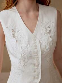 MOTF PREMIUM LINEN EMBROIDERY BUTTON UP WAISTCOAT,BUSINESS CASUAL WOMAN - White - View 3