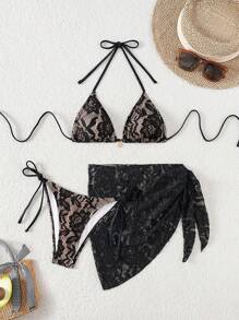 SHEIN Springbreak 3 件套女式夏季花卉蕾丝露背性感比基尼套装带罩衫裙，沙滩装