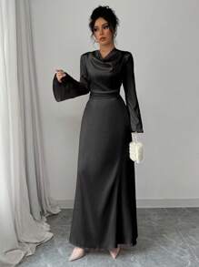 Rafferiza 女士黑色优雅修身喇叭下摆长袖 A 字缎面连衣裙，粉色，秋冬 - 黑色 - 查看 5