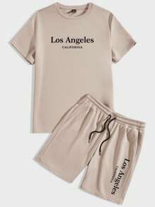 Manfinity Hypemode 2pcs Standard Men Khaki Color T-Shirt And Shorts Set, Minimalist Letter Design And Drawstring - Khaki - View 2