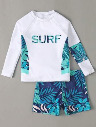 Ensemble de maillot de bain pour garçon jeune avec short et manches longues, imprimé tropical, pour vacances à la plage