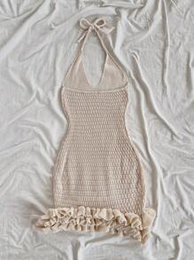 Soleia Vestido de suéter con volantes en el bajo y espalda descubierta, ideal para vacaciones - Albaricoque - Ver 2