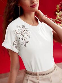 MOTF PREMIUM Camiseta con mangas tipo murciélago y bordado floral, Día de San Valentín
