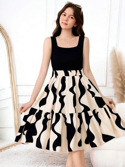 SHEIN Teen Girls' Black Geometric Pattern Knitted Tank Top Patchwork A-Line Casual Holiday Dress