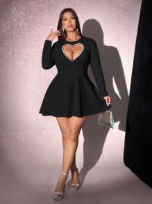 Viva Relle Plus Size Women Heart Decor Solid Color Long Sleeve Casual Dress,Valentine