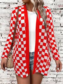 SHEIN LUNE Áo khoác thường ngày dài tay hở phía trước họa tiết ô vuông cỡ lớn cho nữ - Đỏ và trắng - Xem 1