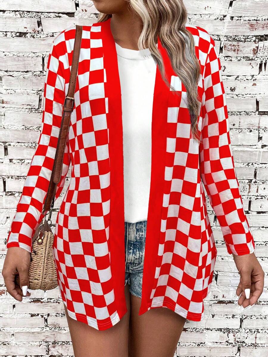 SHEIN LUNE Áo khoác thường ngày dài tay hở phía trước họa tiết ô vuông cỡ lớn cho nữ - Đỏ và trắng - Xem 1