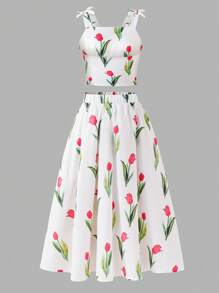 SHEIN Lunivi 2 Stücke/Set Tween-Mädchen Tulpenmuster Weste und Maxi Rock, lässiger eleganter Outfit, V-Ausschnitt Volant Taille langes Kleid, Grün, geeignet für Frühling Sommer Urlaub