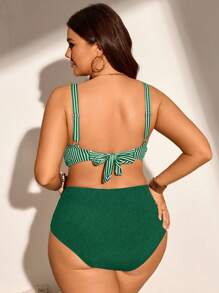 SHEIN Swim Curve Plus Size Women Striped Print Beach Holiday Push-Up Bikini 2 Pieces Swimwear Set For Summer Beach Vacation - Dark Green - View 3