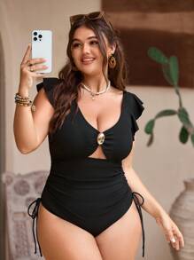 Swim Chiccia 1 件大码女式黑色连体泳衣，性感夏季度假泳装 - 黑色 - 查看 3