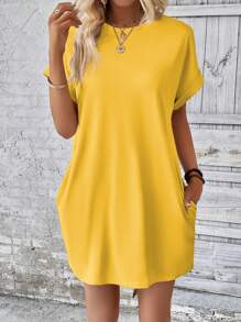 INAWLY Solid Color Batwing Sleeve Casual Mini Dress For Vacation - Mustard Yellow - View 4