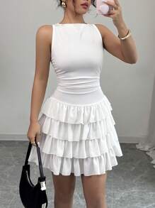 Chiquease 性感修身高领多层荷叶边下摆 AB 材质拼布白色连衣裙，女式，春夏 - 白色 - 查看 4