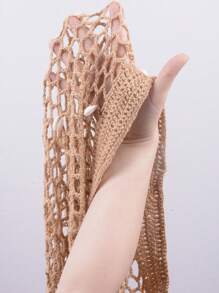 SHEIN Swim Women Spring Break Hollow Out Tassel Shell Crochet Knit Cover Up, Summer Beach Vacation - Khaki - View 7