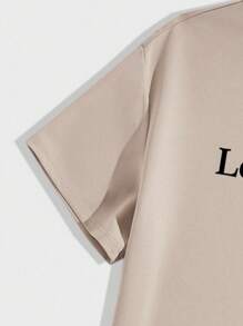 Manfinity Hypemode 2pcs Standard Men Khaki Color T-Shirt And Shorts Set, Minimalist Letter Design And Drawstring - Khaki - View 5