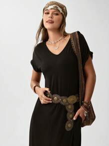 SHEIN LUNE Slant Pocket Split Hem Tee Dress - Black - View 4