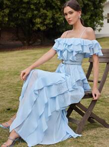 Anewsta Váy trễ vai nhiều lớp xếp nếp bằng vải chiffon đính đá thời trang & thanh lịch dành cho nữ, thích hợp cho các lễ hội, đi chơi, trang phục đi nghỉ vào mùa xuân/hè - Màu xanh nhạt - Xem 1