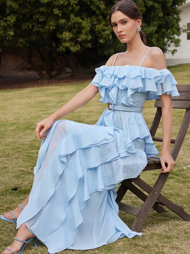 Fashionable & Elegant Chiffon Rhinestone Multi-Layered Ruffle Off Shoulder Sleeveless Women's Dress, Suitable For Festivals, Going Out, Vacation Outfits In Spring/Summer